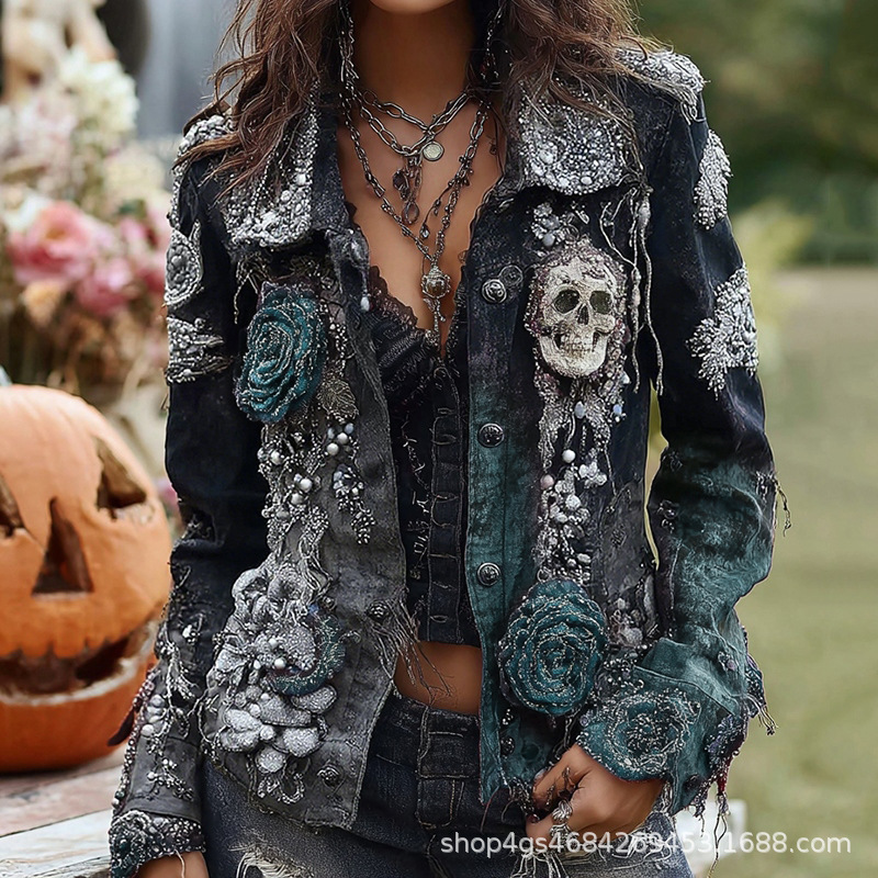 Vintage Fashion Stores - Gothic Punk Skull Rose Geborduurd Jas