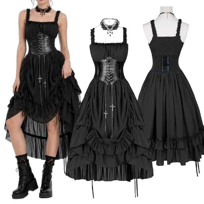 Vintage Fashion Dresses - Vrouwen Gothic Jurk Corset Slip Zwart